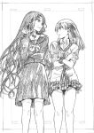  2girls absurdres adjusting_hair angry bangs commentary_request crossed_arms earrings facial_mark fate/grand_order fate_(series) forehead_mark frame greyscale hair_ribbon highres jewelry kama_(fate/grand_order) kojima_takeshi long_hair long_sleeves looking_at_another miniskirt monochrome multiple_girls neckerchief pleated_skirt ribbon sailor sailor_collar school_uniform scrunchie serafuku sesshouin_kiara sketch skirt sleeves_rolled_up smile thigh-highs traditional_media very_long_hair wavy_hair 