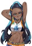  1girl armlet arms_up black_hair blue_eyes blue_hair blush breasts commentary_request dark_skin earrings eyeshadow geroro44 hair_bun highres hoop_earrings jewelry long_hair makeup medium_breasts midriff navel necklace parted_lips pokemon pokemon_(game) rurina_(pokemon) shiny shiny_hair shiny_skin simple_background solo sports_bra sportswear standing sweat toned white_background 