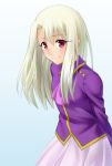  1girl arms_behind_back closed_mouth cowboy_shot cute dress_shirt eyebrows_visible_through_hair fate/stay_night fate_(series) gyatto624 hair_between_eyes illyasviel_von_einzbern leaning_forward loli long_hair long_sleeves looking_at_viewer parted_lips pleated_skirt purple_neckwear purple_shirt red_eyes shirt silver_hair simple_background skirt smile solo standing type-moon white_background white_skirt 