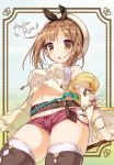  1girl airakasiba atelier_(series) atelier_ryza belt blush breasts brown_eyes brown_hair hair_ornament hairclip hat jewelry navel necklace open_mouth red_shorts reisalin_stout short_shorts shorts solo star thigh-highs thighs yellow_eyes 