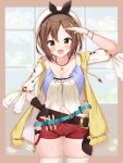  1girl absurdres artist_request atelier_(series) atelier_ryza belt blush breasts brown_eyes brown_hair hair_ornament hairclip hat highres jewelry looking_at_viewer navel necklace open_mouth red_shorts reisalin_stout short_shorts shorts solo star thigh-highs thighs yellow_eyes 