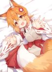  1girl :d animal_ear_fluff animal_ears apron bangs bed_sheet blush brown_apron brown_eyes brown_hair eyebrows_visible_through_hair fang flower fox_ears fox_girl fox_tail hair_between_eyes hair_flower hair_ornament hakama japanese_clothes kimono long_sleeves lying miko omuretsu on_side open_mouth red_flower red_hakama ribbon-trimmed_sleeves ribbon_trim sewayaki_kitsune_no_senko-san signature smile solo tail white_kimono wide_sleeves 