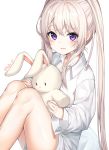  1girl bare_legs blush collarbone collared_shirt crying crying_with_eyes_open highres inhoya2000 knees_up long_hair long_sleeves looking_at_viewer maplestory mole mole_under_eye open_mouth orchid_(maplestory) shirt sidelocks silver_hair simple_background sitting solo stuffed_animal stuffed_bunny stuffed_toy tears thighs twintails twitter_username very_long_hair violet_eyes wavy_mouth white_background white_shirt 