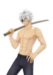  1boy abs absurdres eyepatch hand_on_hip highres ishida_takemasa muscle navel nipples over_shoulder pants red_eyes scar shirtless simple_background sinying standing sword weapon white_background white_hair wooden_sword yaoye_qitan 