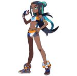  1girl armlet black_hair blue_eyes blue_hair dark_skin full_body gloves hair_bun holding holding_poke_ball jewelry long_hair looking_at_viewer multicolored_hair navel necklace official_art partly_fingerless_gloves poke_ball poke_ball_(generic) pokemon pokemon_(game) pokemon_swsh ponytail rurina_(pokemon) sandals shorts single_glove sports_bra sportswear transparent_background two-tone_hair 