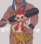  1boy 1girl bandages bikini blue_hair bracelet closed_mouth club commentary domino_mask facial_scar fangs frown gomi_(kaiwaresan44) grey_background hand_on_hip head_out_of_frame holding holding_weapon inkling jewelry long_hair looking_at_viewer mask muscle muscular_female navel no_shirt oni_horns open_mouth orange_bikini orange_pants orange_sarong pointy_ears print_bikini print_sarong red_eyes red_vest redhead sarong scar scrunchie setsubun simple_background smile spiked_bracelet spiked_club spikes splatoon_(series) splatoon_2 standing strapless strapless_bikini swimsuit tiger_stripes topknot translated vest weapon 