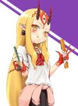  1girl bangs black_earrings black_skirt blonde_hair commentary_request earrings eating facial_mark fate/grand_order fate_(series) food from_below highres holding holding_drink holding_food horns ibaraki_douji_(fate/grand_order) jewelry long_hair looking_at_viewer oni oni_horns oniku_(pixiv_28205308) pointy_ears shirt skirt solo tattoo white_shirt yellow_eyes 