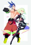  1boy 2boys absurdres black_gloves black_jacket blonde_hair blue_eyes blue_hair chest clenched_hand cravat galo_thymos gloves green_hair highres jacket lio_fotia male_focus multiple_boys open_mouth outstretched_arm promare rox_00012 shirtless smile spiky_hair violet_eyes 
