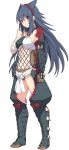  1girl animal_ear_request armor asymmetrical_sleeves black_hair black_panties breasts clenched_hand eyebrows_visible_through_hair fishnets full_body gauntlets hair_between_eyes hairband large_breasts long_hair looking_at_viewer monster_hunter nargacuga_(armor) navel panties red_hairband scale_armor scales shiseki_hirame simple_background solo standing underwear white_background 