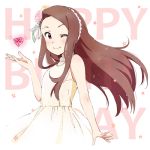  1girl brown_hair closed_mouth demirinz dress floating_hair happy_birthday idolmaster idolmaster_(classic) long_hair looking_at_viewer minase_iori one_eye_closed red_eyes sleeveless sleeveless_dress smile solo standing very_long_hair white_dress 