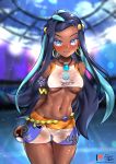  1girl blue_eyes blue_hair breasts dark_skin highres pokemon pokemon_(game) pokemon_swsh rurina_(pokemon) sweat under_boob 