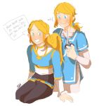  1boy 1girl aqua_eyes artist_request blonde_hair blue_eyes blue_tunic cutting_hair elf english_text highres link long_hair looking_at_another pants pointy_ears princess_zelda scissors smile sweatdrop the_legend_of_zelda:_breath_of_the_wild_2 