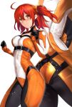  1girl ahoge blush bodysuit breasts chaldea_combat_uniform fate/grand_order fate_(series) fujimaru_ritsuka_(female) gloves hair_ornament hair_scrunchie highres medium_breasts multiple_girls one_side_up orange_eyes orange_hair orange_scrunchie scrunchie short_hair side_ponytail smile solo untsue 