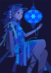  1girl appi black_background black_hair blue_theme bracelet dark feet_out_of_frame glowing jewelry lantern long_hair original parted_lips short_sleeves simple_background sitting solo 