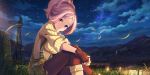  1girl bangs boots breasts brown_gloves character_request clouds fingerless_gloves game_cg gloves grass high_ponytail highres kouya_no_kotobuki_hikoutai lantern large_breasts looking_at_viewer looking_to_the_side mountainous_horizon night night_sky non-web_source official_art pantyhose parted_bangs pink_hair red_eyes skirt sky sleeves_rolled_up solo star_(sky) starry_sky suspender_skirt suspenders sweater turtleneck turtleneck_sweater 