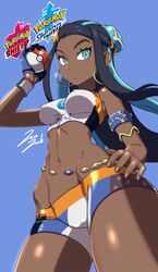  1girl absurdres armlet bike_shorts black_hair blue_eyes blue_hair breasts covered_nipples cowboy_shot dark_skin gloves hair_ornament highres jazzjack midriff multicolored_hair navel pokemon pokemon_(game) pokemon_swsh rurina_(pokemon) short_shorts shorts single_glove small_breasts solo sports_bra two-tone_hair 