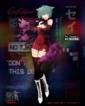  1girl alternate_costume animal_ears boots cat_ears character_name cosplay costume_switch crossover dress girls_frontline green_eyes green_hair official_art pipe red_dress sei_asagiri solo surprised thigh-highs torn_clothes va-11_hall-a 
