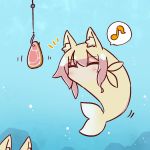  2girls animal_ear_fluff animal_ears animalization bangs blonde_hair blush closed_eyes day eighth_note eyebrows_visible_through_hair fish fish_girl fishing_hook fishing_line food fox_ears fox_girl fox_tail hair_between_eyes highres kemomimi-chan_(naga_u) long_hair meat multiple_girls musical_note naga_u notice_lines original outdoors sidelocks solo_focus spoken_musical_note tail underwater water 