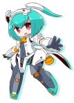  1girl :d bangs blush bow breasts brown_eyes chibi colored_shadow copyright_request covered_navel drop_shadow eyebrows_visible_through_hair full_body gloves green_hair grey_gloves hair_between_eyes headgear highres looking_at_viewer mecha_musume naga_u open_mouth orange_bow outstretched_arms shadow short_hair small_breasts smile solo white_background 