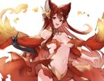  1girl :d animal_ears anthuria bare_shoulders black_gloves breasts breasts_apart collar commentary_request dress erune gloves granblue_fantasy hair_ornament index_finger_raised koretsuki_azuma long_hair looking_at_viewer medium_breasts navel no_bra open_mouth red_dress red_eyes redhead single_glove smile solo standing stomach torn_clothes upper_body white_background 