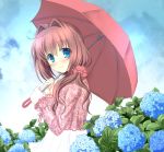  absurdres asakura_otome bangs blue_eyes blush brown_hair closed_mouth clouds cloudy_sky commentary_request da_capo da_capo_ii eyebrows_visible_through_hair flower hair_between_eyes hair_ornament hair_over_shoulder highres holding holding_umbrella hydrangea kayura_yuka long_sleeves looking_at_viewer looking_to_the_side outdoors rain skirt sky smile umbrella white_skirt 