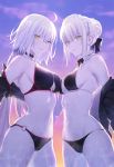  2girls absurdres ahoge artoria_pendragon_(all) artoria_pendragon_(swimsuit_rider_alter) asymmetrical_docking backlighting bangs bare_shoulders bikini black_bikini black_bow black_choker black_jacket blonde_hair bow braid braided_bun breast_press breasts choker closed_mouth clouds commentary_request cowboy_shot crop_top cropped_jacket expressionless eyebrows_visible_through_hair fate/grand_order fate_(series) frilled_bikini frilled_choker frills from_side groin hair_between_eyes hair_bow hair_bun halter_top halterneck highres hip_focus jacket jeanne_d&#039;arc_(alter_swimsuit_berserker) jeanne_d&#039;arc_(fate)_(all) large_breasts long_hair long_sleeves looking_at_viewer maid_bikini maid_headdress medium_breasts multiple_girls navel nipi27 o-ring o-ring_bikini o-ring_bottom o-ring_choker o-ring_top off_shoulder open_clothes open_jacket outdoors pale_skin parted_lips ribbon-trimmed_choker saber_alter short_hair shrug_(clothing) sideboob sidelocks skindentation sky smile standing straight_hair string_bikini sunset swimsuit thighs very_long_hair wet wet_hair white_choker white_hair wide_hips yellow_eyes 