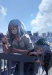  2girls baseball_cap blue_sky cigarette cigarette_box city cityscape eyebrows_visible_through_hair g11_(girls_frontline) girls_frontline glasses green_eyes hat highres hk416_(girls_frontline) jacket miyabino_(miyabi1616) multiple_girls railing silver_hair sky smoking talking 