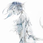  1girl ass au_ra bikini blue_eyes dragon_horns dragon_tail final_fantasy final_fantasy_xiv horns hug_ff14 looking_at_viewer parted_lips profile scales see-through solo swimsuit tail white_background white_bikini white_hair white_skin wind 