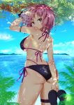 1girl ass back bikini blue_sky breasts clouds commentary_request cowboy_shot eyebrows_visible_through_hair fate/grand_order fate_(series) hair_over_one_eye hand_in_hair highres hill holding holding_shoes kawaruhi lake leaf looking_at_viewer looking_back mash_kyrielight parted_lips purple_hair scrunchie shoes shoes_removed short_hair sky solo swimsuit tree violet_eyes water wrist_scrunchie 
