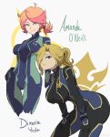  2girls amanda_o&#039;neill blonde_hair bodysuit breasts brown_eyes character_name cosplay dimaria_yesta fairy_tail feet_out_of_frame green_eyes hair_over_one_eye highres large_breasts leaning_forward little_witch_academia looking_at_viewer medium_breasts metroid multicolored_hair multiple_girls omiza_somi orange_hair ponytail redhead samus_aran samus_aran_(cosplay) short_hair skin_tight smile two-tone_hair zero_suit 