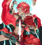  1boy alexander_(fate/grand_order) angye_fdez braid breastplate cape clenched_hands closed_mouth earrings fate/grand_order fate_(series) gloves jewelry lightning lightning_bolt long_hair looking_at_viewer male_focus red_eyes redhead single_braid 