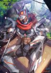  1boy armor dai-xt day forest gloves helmet highres male_focus muscle nature navel outdoors over_shoulder red_eyes red_scarf scarf signature sitting solo tokyo_houkago_summoners yellow_sclera 