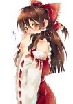  1girl black_scarf blush bow brown_hair covering_mouth detached_sleeves frilled_bow frills from_side hair_between_eyes hair_bow hakurei_reimu kirisita long_hair long_sleeves print_bow red_bow red_ribbon red_shirt red_skirt ribbon ribbon-trimmed_sleeves ribbon_trim scarf shiny shiny_hair shirt simple_background skirt sleeveless sleeveless_shirt solo standing touhou white_background white_sleeves wide_sleeves yellow_eyes 