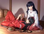  1boy 1girl :d barefoot black_hair closed_eyes collarbone couple hakama indoors inuyasha inuyasha_(character) japanese_clothes katana kikyou_(inuyasha) kimono lap_pillow long_hair long_sleeves lying miko motobi_(mtb_umk) on_back open_mouth red_hakama ribbon-trimmed_sleeves ribbon_trim sheath sheathed shiny shiny_hair signature sitting smile sword weapon white_kimono wooden_floor 