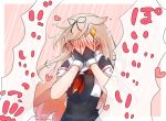  1girl baileys_(tranquillity650) bangs black_gloves black_ribbon blonde_hair blush border covering_face embarrassed fingerless_gloves gloves hair_flaps hair_ornament hair_ribbon hairclip heart highres kantai_collection long_hair pink_background red_neckwear remodel_(kantai_collection) ribbon sailor_collar scarf school_uniform serafuku short_sleeves signature solo sweat sweatdrop translated twitter_username upper_body white_border white_scarf yuudachi_(kantai_collection) 