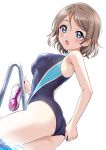  1girl adjusting_clothes adjusting_swimsuit ass blue_eyes blue_swimsuit blush breasts brown_hair commentary_request competition_swimsuit contrapposto cowboy_shot dutch_angle from_side highres holding_goggles looking_at_viewer love_live! love_live!_sunshine!! medium_breasts one-piece_swimsuit open_mouth pool_ladder rozen5 short_hair simple_background solo swimsuit wading watanabe_you wet white_background 