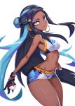  1girl armlet black_hair blue_eyes blue_hair breasts dark_skin earrings eyelashes eyeshadow gloves hair_bun highres hoop_earrings jewelry liyart long_hair looking_at_viewer makeup multicolored_hair navel necklace poke_ball poke_ball_(generic) pokemon pokemon_(game) pokemon_swsh rurina_(pokemon) simple_background single_glove smile solo sports_bikini white_background wristband 