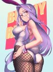 1girl adjusting_eyewear animal_ears ass bow bowtie breasts brown_eyes bunny_tail bunnysuit character_name commentary_request covered_nipples fate/stay_night fate_(series) fishnet_pantyhose fishnets frown glasses gradient gradient_background hand_on_hip long_hair looking_at_viewer looking_back pantyhose purple_hair rabbit_ears rider rotix solo tail wrist_cuffs 