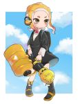  1girl backpack bag bike_shorts black_collar black_footwear black_shorts blue_sky boots brown_eyes closed_mouth clouds cloudy_sky collar commentary day full_body gomamiso headphones heavy_splatling_(splatoon) highres holding holding_weapon long_sleeves makeup mascara medium_hair octoling orange_hair outside_border shirt shorts sky solo splatoon_(series) splatoon_2 standing suction_cups tentacle_hair weapon white_shirt 