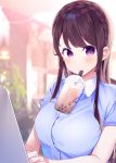  1girl bangs blue_shirt blurry blurry_background blush braid breasts brown_hair bubble_tea chikuwa. collared_shirt commentary_request computer cup depth_of_field disposable_cup dress_shirt drinking_straw eyebrows_visible_through_hair highres indoors laptop long_hair looking_at_viewer medium_breasts original parted_lips shirt shorts solo tawawa_challenge upper_body very_long_hair violet_eyes 