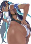  1girl absurdres armlet ass bare_shoulders breasts competition_swimsuit cowboy_shot dark_skin earrings gloves hand_on_ass highleg highres hoop_earrings jewelry medium_breasts mi_mi_ham one-piece_swimsuit poke_ball pokemon pokemon_(game) pokemon_swsh rurina_(pokemon) single_glove solo sweat swimsuit 
