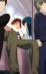  2boys 2girls :o blue_hair blurry_foreground blush brown_pants commentary_request faceless faceless_male formal hair_ornament hairclip long_hair long_sleeves love_live! love_live!_sunshine!! multiple_boys multiple_girls neckerchief pants red_neckwear redhead sakurauchi_riko school_uniform sellel serafuku shirt short_sleeves sitting standing suit sweatdrop train_interior tsushima_yoshiko uranohoshi_school_uniform wall_slam window yellow_eyes yellow_neckwear yuri 