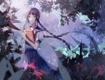  1girl bangs black_eyes blue_skirt blunt_bangs book braid dated forest highres holding holding_book long_hair nature outdoors pleated_skirt school_uniform shirt short_sleeves skirt solo standing twin_braids very_long_hair white_shirt yumi_(honey) 