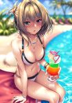  1girl :o bangle bangs bare_shoulders bikini blue_eyes blue_sky blurry blurry_background blush bracelet breasts clouds collarbone cup day folded_ponytail green_eyes green_hair hair_between_eyes heterochromia highres holding holding_cup idolmaster idolmaster_cinderella_girls jewelry looking_at_viewer medium_breasts mole mole_under_eye necklace open_mouth outdoors piromizu poolside short_hair sidelocks sitting sky solo swimsuit takagaki_kaede thighs tropical_drink wet 