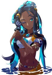  1girl absurdres armlet beads blue_eyes blue_hair blush dark_skin earrings eyelashes gloves hand_in_hair highres hoop_earrings ishmaiah_dado jewelry long_hair makeup mascara midriff multicolored_hair navel necklace one_eye_closed partially_submerged pokemon pokemon_(game) pokemon_swsh rurina_(pokemon) single_glove solo sports_bra sportswear two-tone_hair water wet 