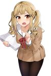  1girl asato_(fadeless) bang_dream! bangs black_legwear blonde_hair blush brown_dress brown_eyes commentary_request dress hair_ornament hanasakigawa_school_uniform highres holding holding_paper holding_pencil ichigaya_arisa leaning_forward long_hair long_sleeves looking_at_viewer neck_ribbon open_mouth pantyhose paper pencil pleated_dress red_neckwear ribbon sailor_dress school_uniform sidelocks simple_background solo twintails v-shaped_eyebrows white_background x_hair_ornament 