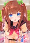  .live 1girl basket belt blue_eyes blurry blurry_background breasts brown_hair hair_ornament hair_ribbon highres kakyouin_chieri large_breasts long_hair looking_at_viewer open_mouth pamphlet ribbon solo tipo_(tipoplaza) translated twintails virtual_youtuber 