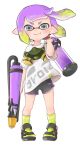  1girl bangs black_footwear black_shorts blunt_bangs carrying_over_shoulder closed_mouth clothes_writing commentary domino_mask full_body gas_mask gomamiso gradient_hair green_hair green_legwear grey_eyes gym_shorts highres holding holding_weapon ink_tank_(splatoon) inkling looking_at_viewer mask multicolored_hair pointy_ears print_legwear print_shirt purple_hair sandals shirt short_hair short_shorts shorts simple_background single_horizontal_stripe smile socks solo splatoon_(series) splatoon_2 splattershot_pro_(splatoon) standing tentacle_hair weapon white_background white_shirt wind 