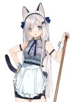  1girl :o animal_ears apron arm_strap bare_shoulders belt black_skirt blue_eyes blue_neckwear breasts buttons cat_ears cat_tail collared_shirt commentary_request cowboy_shot frills grey_shirt hair_ornament hand_on_hip hand_up highres long_hair looking_at_viewer maid maid_apron maid_headdress medium_breasts neck_ribbon open_mouth original pencil_skirt ribbon shirt silver_hair simple_background skirt sleeveless sleeveless_shirt solo standing tail urata_asao very_long_hair white_background wrist_cuffs x_hair_ornament 