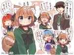  1boy 3girls admiral_(kantai_collection) alternate_costume bangs blue_neckwear blue_sailor_collar blue_skirt bob_cut braid collar commentary_request detached_sleeves etorofu_(kantai_collection) gradient_hair green_hair hachijou_(kantai_collection) hair_between_eyes hair_flaps hair_ornament hair_ribbon hat highres kantai_collection long_hair long_sleeves multicolored_hair multiple_girls orange_hair parted_bangs purple_hair redhead ribbon sado_(kantai_collection) sailor_collar sailor_hat school_uniform serafuku shaded_face short_hair side_braid sidelocks skirt standing suzuki_toto tied_hair translation_request twin_braids white_headwear 